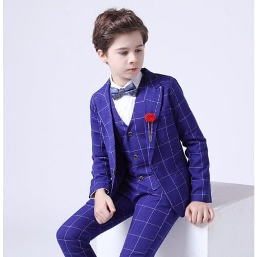 School Kids Formal Tuxedo Jacket Vest pants 3Pcs Flower Boys Wedding Suit Children Performance Host Dance Party Dress Costume
