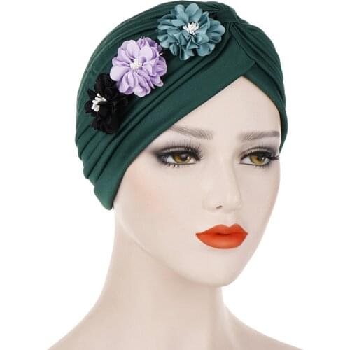Muslim Flower Headband Pleated Indian Hat Solid Color Floral Bandanas Women Stretchable Patched Lady Scarf Turban Head Wrap Cap