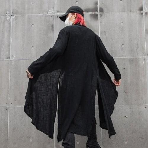 Men side split cotton linen long trench coat cardigan street punk hip hop jacket japan nightclub DJ gothic vintage stage costume