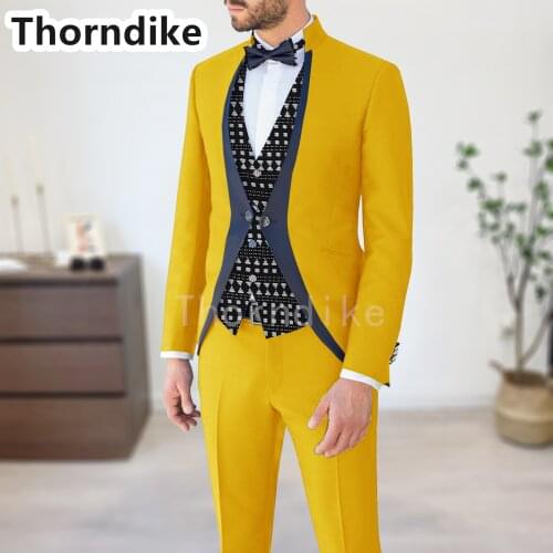 Thorndike Stand Collar Costume Homme 2021 Yellow Mens Dress Tuxedos for Wedding Daily Work Wear Formal Terno Masculino 3 Pieces