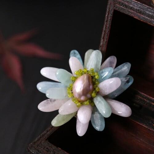 NNatural Morganite Inlaid Natural Pearl Flower Micro Inlay Zircon Corsage Pendant