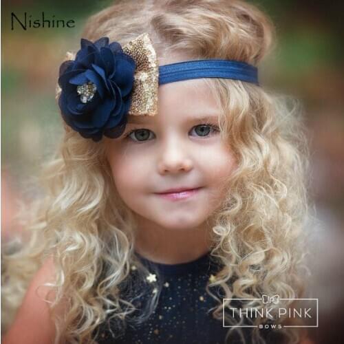 NISHINE New Sequins Bow Glitter Chiffon Flower Headband Girls And Kids Hairbow Crystal Rhinestone Hair Band Hair Accessories