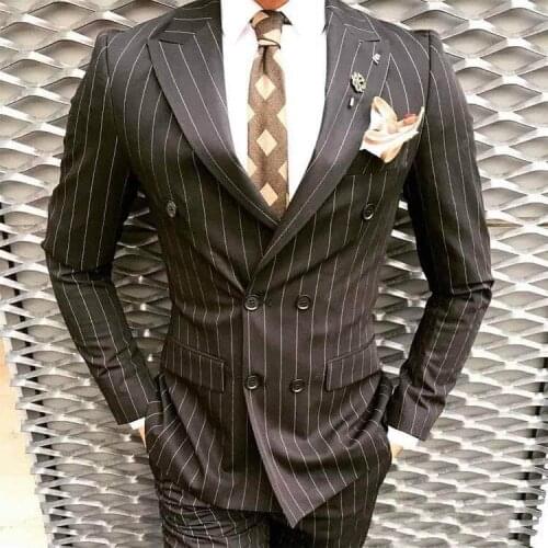 Latest Design Pinstripe Wedding Mens Suits Peaked Lapel Double Breasted Groom Wear 2 Piece Best Man Formal Blazer (Jacket+Pants)