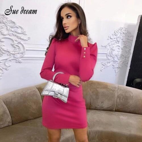 2021 New Solid Color Rose Red Women O Neck Long Sleeves Fold Sexy Outfit Casual Party Club Wear Rayon Bandage Dress vestido