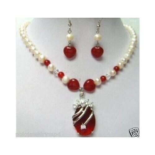 Jewelry Charming! pearl Red jade necklace earring Set >> watch wholesale Quartz jade CZ crystal