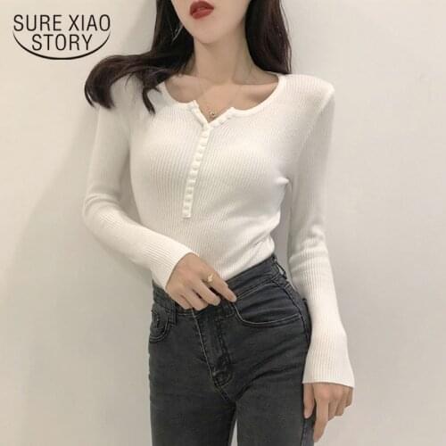 Single Breasted Women Full Sleeve Button V-Neck Sweater New Knitted Basic Elasticity Pullovers Autumn Winter Jumper Ladys 10305