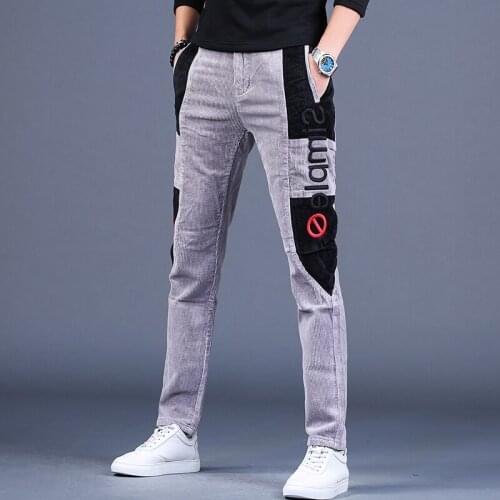 Casual Embroidery Corduroy Pants Men Fashion Patchwork Straight Trousers