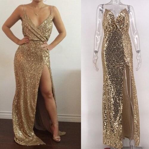 BKLD Spaghetti Strap Dresses 2018 Autumn Sexy Deep V Neck High Slits Bustier Dress Gold Sequined Maxi Long Dress Paillette Robes