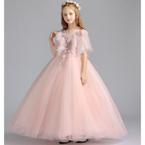 Feather Appliques Pink Tulle Girl Pageant Princess Birthday Dress Long Wedding Kids First Communion Party Gown Flower Girl Dress