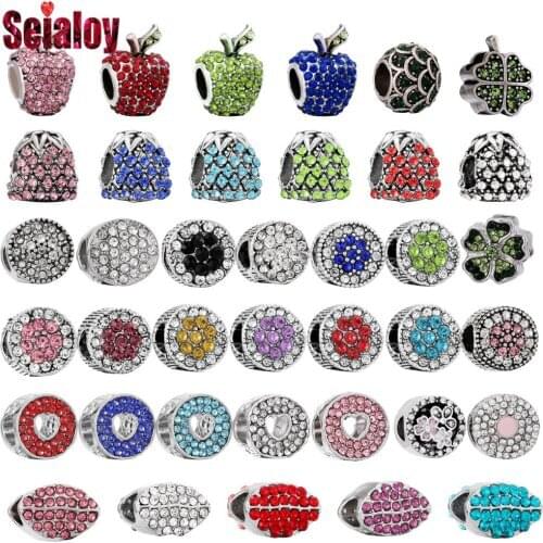 Seialoy Rhinestone Apple Pineapple Beads Red Lips Heart Flower Silver Color Big Hole Beads Fit Diy Bracelets Jewelry Making