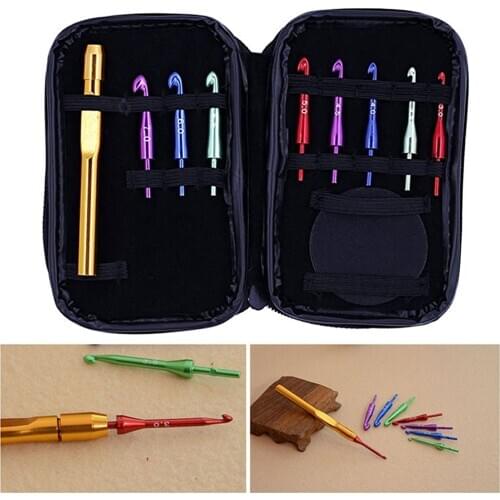8 size color interchangeable aluminum crochet hooks DIY crafts knitting needle kit easy to carry wool tool with Leather Bag