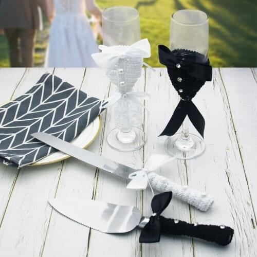 Wedding Cake Knife Shovel Glass Wine Cups Pizza Server Stainless Steel Romantic Flower Resin Birthday Party Dinnerware 4PCS /Set