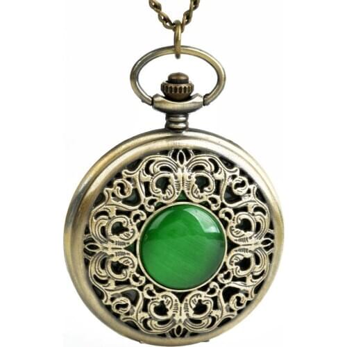 Vintage Emerald Stone Pocket Watch Green Necklace Woman Jewelry Gothic Fashion Retro Drop Shipping Elf Eye