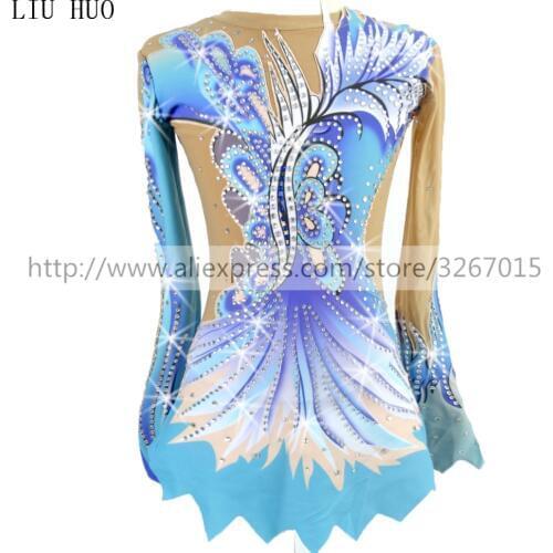 Women rhythmic gymnastics leotards for girls performance suit Artistic gymnastics dress Blue Beautiful print Shiny rhinestone