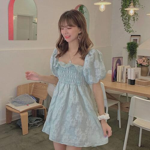 Fairy Dress 2021 Summer Womens Puff Sleeves Floral Printed Square Neck Ruffle Casual High Waist Princess Korean Mini Dresses