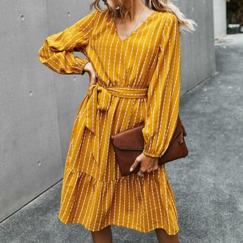 Striped Print V-neck Party Dress Women 2020 Autumn Winter Long Sleeve Lace Up A Line Elegant Casual Female Dress Vestido Mujer