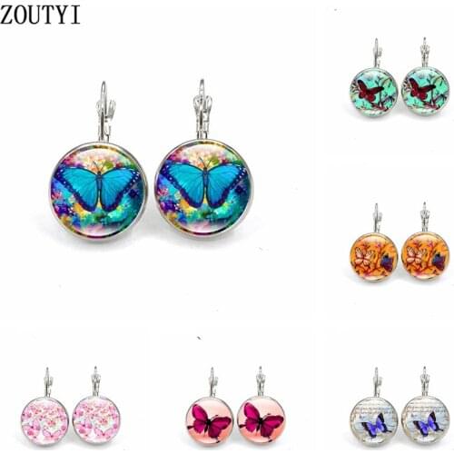 2019 / new glamour color floral butterfly photos, convex glass inlay earrings, ladies wear earrings jewelry gifts
