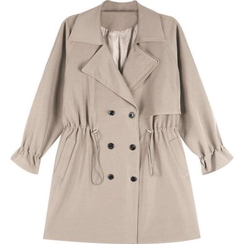 2021 New Women Trench Coat Autumn Lapel Double Breasted Drawstring Light Weight Casual Mid Long Ladies Windbreak Coats Plus Size