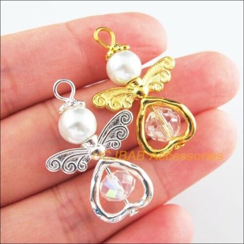 8Pcs Retro Gold Silver Plated White Crystal Angel Charms Pendants 21.5x33mm