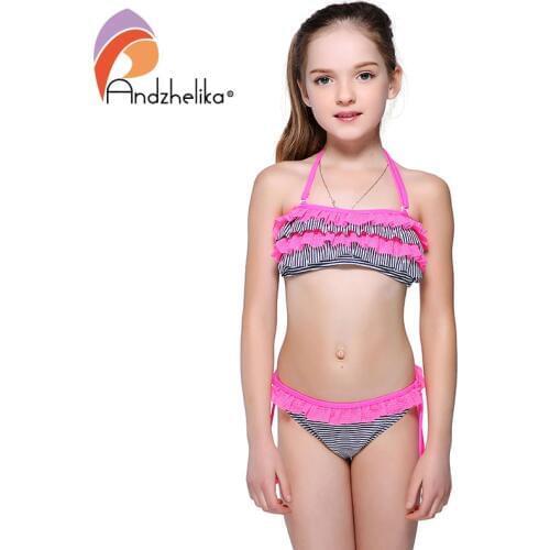 Andzhelika Bikini Girls Swimsuit Children Summer Beach Swimwear Striped Lace Bodysuit Kids Swimming Suit Bathing Suit AK1651