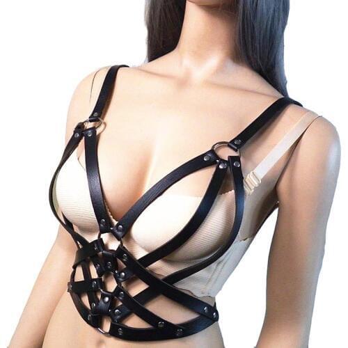 Women Body Restraint Sexy Faux Leather Strappy Bra Crop Top Chest Harness Belt Body Bondage Top Clubwear