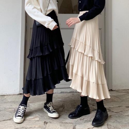 Beige White Fashion Korean Ruffle Midi Long A-line Skirt Women Casual Spring Summer High Waist Irregular All-match Skirts Female