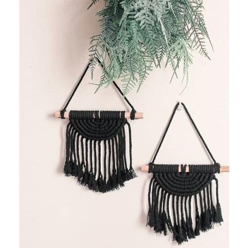 Black Tapestry Purely Hand-woven Bohemian Wall-hanging Ornament Cotton Rope Wall Pendant Farmhouse Decoration Gift Craft Decor