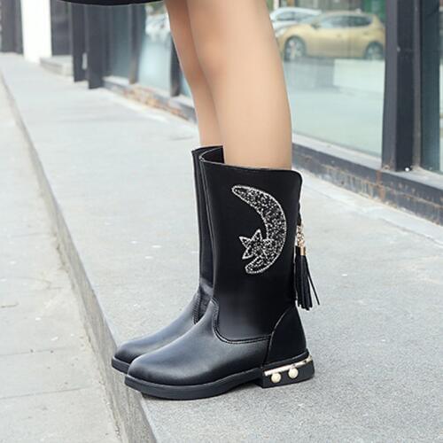 Children Rhinestone Boots PU Leather Mid-calf Princess Boots Cartoon Tassel Elegant Winter Spring Rubber Flat Shoes Size 26-37