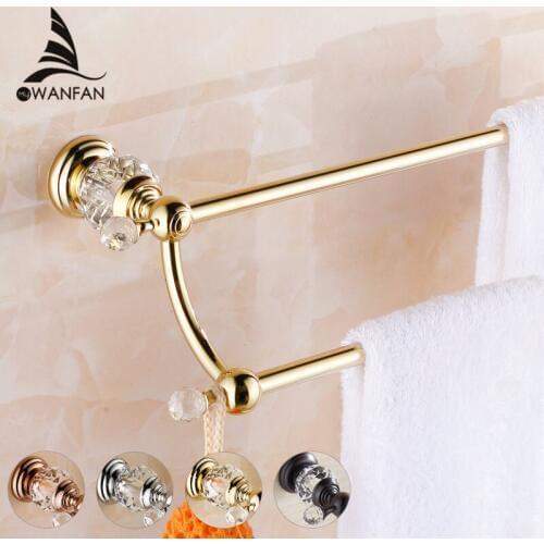 Towel Bars Wall mounted Double Towel Bar Gold Plated Towel Holder Solid Brass & Crystal Towel rack Vintage Made Golden HK-22
