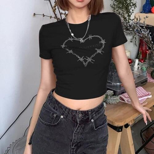 Short Sleeve Basic Solid Color Womens Crop Tops T-Shirt Y2K Aesthetic Leopard Heart Print Female TShirt Summer Skinny Crop Tops