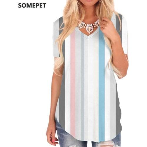 SOMEPET Colorful T Shirt Women Line Funny T shirts Painting V-neck Tshirt Creativity Shirt Print Womens Clothing Summer Loose