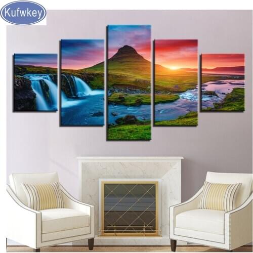 5 Pieces"Beautiful sunrise Waterfall"full Square/round Diamond painting Multi-pictures Combination Mosaic,Diamond Embroidery