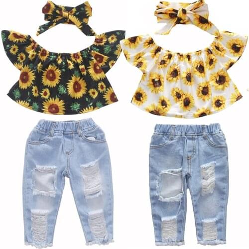 Toddler Fashion Baby Girls Clothing Set Summer Flower Flying Sleeve Shirt + Jeans + Headwear Suit For Girl Kids Birthday Present