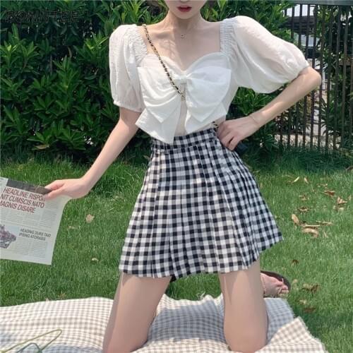Two Pieces Women Sets Puff Sleeve Crop Top Bow and Plaid Mini Skirt Korean Style Chic Trendy Romantic Slim Summer Female Clothes