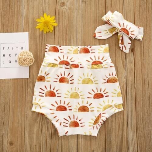 Baby Girl Shorts Summer Breathable Elastic Casual High Waist Flower Heart Printed Shorts Headbands Clothes