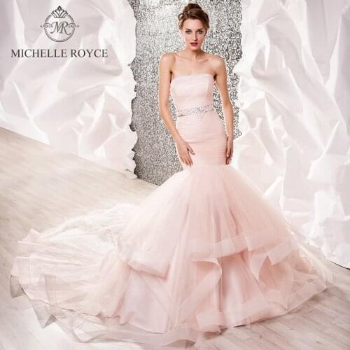 Michelle Royce Mermaid Wedding Dresses 2020 Strapless Backless Lace Up Beaded Bow Chapel Train Bride Gowns Vestido De Novia