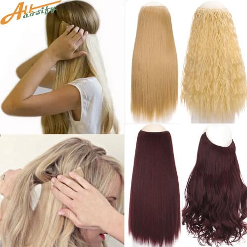 Allaosify 24" Invisible Wire No Clips In Hair Extensions Secret Fish Line Hairpieces Synthetic Straight Wavy Hair Extensions