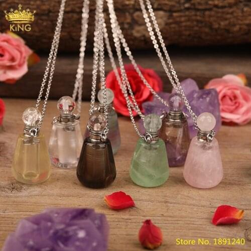 Natural White Pink Purple Smoky Color Quartz Perfume Bottle Pendant Necklace Women Quartz Stone Essential Oil Diffuser Jewelry