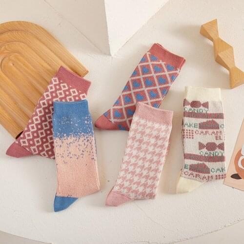Pink Sweet Retro Cotton Knit Socks Women Fashion Love,Sweets,Dots,Houndstooth,Lattice Harajuku Style Student Socks Autumn Winter
