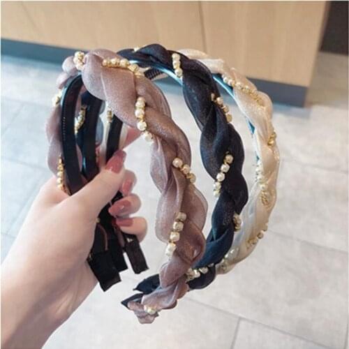 New Pearls Hairbands for Women Solid Mesh Braids Woven Headbands Toothed Not Slip Girls Hair Accessories Pearls Head Band