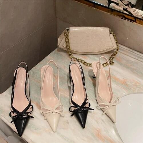 New Bowknot Dots Slingback Sandals Mesh PU Slip On Low High Heel Ankle Elastic Pointed Toe Summer Shoes For Women Dress Party