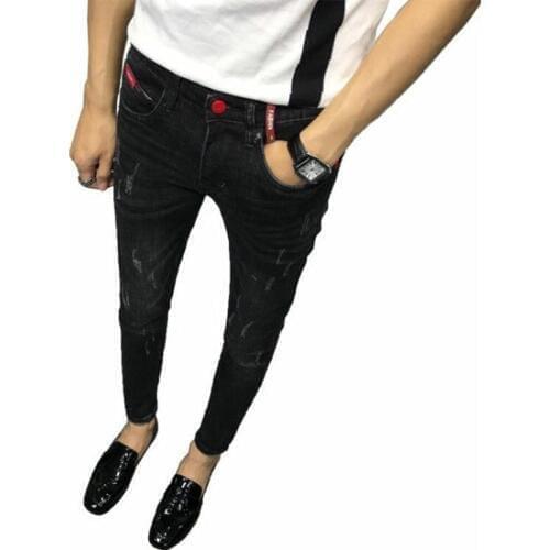 Wholesale 2020 school students teenagers Guy pants mens Korean stretch hip hop Ripped hole Ankle Length leg pants pencil jeans