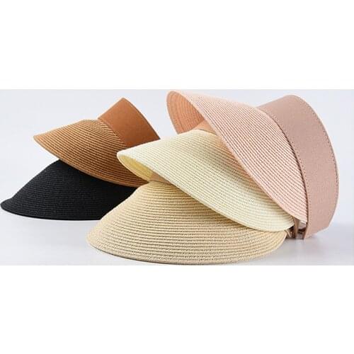 Womens Summer Hat Sun Visor Girl Solid Color Empty Top Wide Brim Hat Sun Protection Cap Female Sun Hats Beach Hat Straw Hat