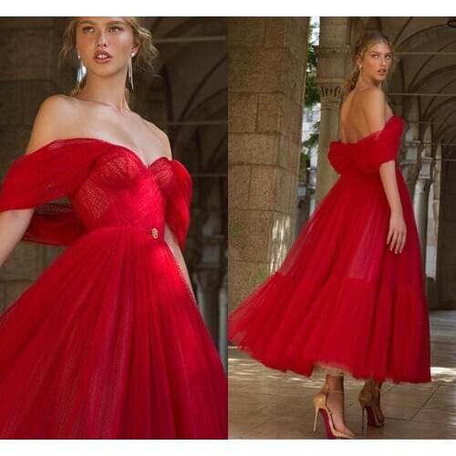 Sexy Red Off the Shoulder Evening Dresses 2021 Ankle Length A Line Lady Formal Party Gowns Robe De Soriee