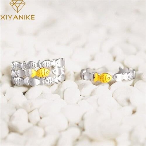 XIYANIKE 925 Sterling Silver Three-layer Fish Open Ring Female Gold Fashion Ethnic Style Classic Decoration Jewelry Accessories