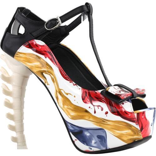 LF80704 SHOW STORY Retro T-Bar Liquid Print Buckle Bow Mary-Jane Gladiator Platform Bone Heels Pumps