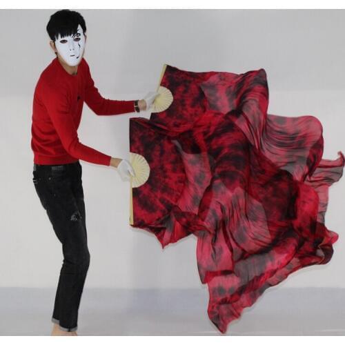 New Arrival 1pair(L+R) tie-dyed 100% real silk chinese bellydancing Veils Fans Nice Red/Black mixed long dance Fans Stage Shows