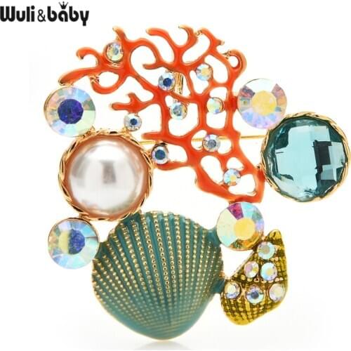 Wuli&baby Pearl Shell Flower Brooches For Women Sea-Animal Flower Party Office Brooch Pins Gifts