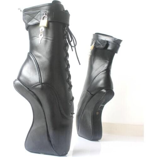 18CM/7" High Heel Hoof Sole Heelless Strange Boots Women Black Sexy Fetish Ballet Pointe Lockable Ankle Boots Woman