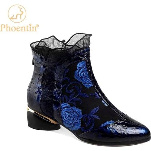 Phoentin Womens Lacework Winter Short Ankle Boots Genuine Leather Ladies embroidered Flower Mid Heels High Quality Shoes FT1224